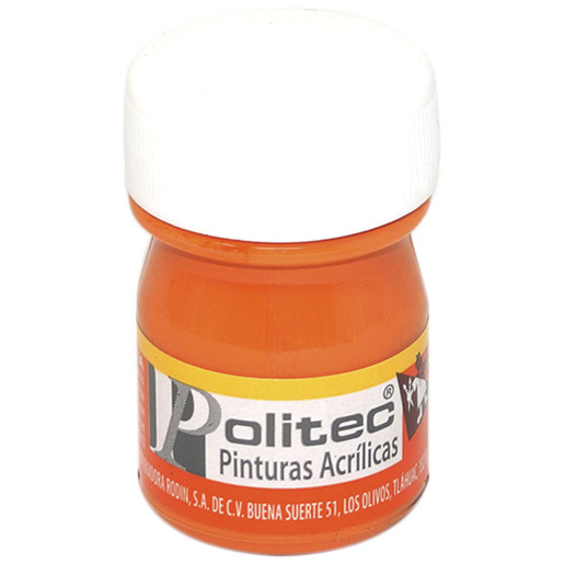 Pintura acrílica marca Politec de alta cobertura y secado rápido. Colores intensos para lienzo, madera, cartón y manualidades. Resistente al agua una vez seca.