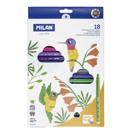 Marcadores marca Milan con tinta de alta cobertura y colores vibrantes. Versatiles para escuela, oficina, arte y manualidades.