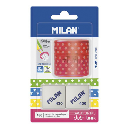 Sacapuntas marca Milan con cuchilla afilada que da punta uniforme a lapices y lapices de colores. Diseno practico con deposito de viruta.