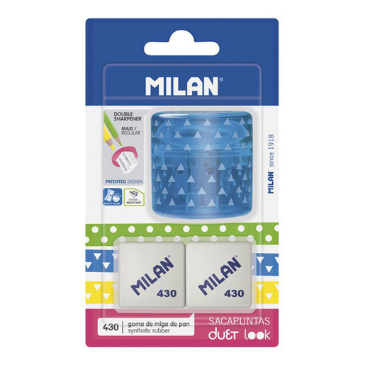 Sacapuntas marca Milan con cuchilla afilada que da punta uniforme a lapices y lapices de colores. Diseno practico con deposito de viruta.