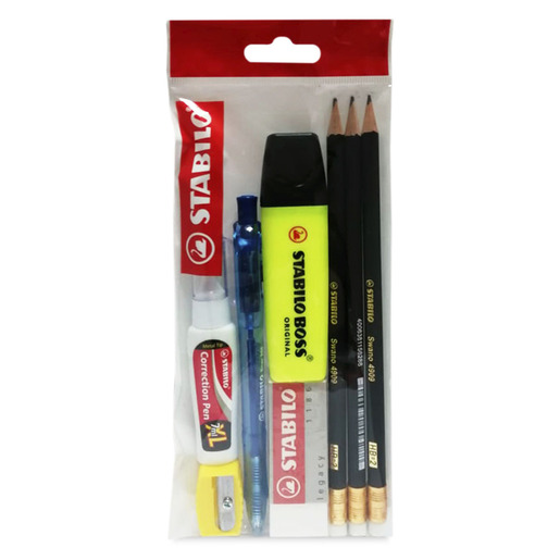 Set escolar marca Stabilo con útiles complementarios listos para usar. Ahorra tiempo y dinero con productos coordinados para escuela, oficina o regalo.