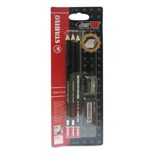 Set Stabilo Exam Grade 3 Lapices, Sacapunta + Borrador marca Stabilo. Producto de calidad para uso escolar, de oficina y manualidades.