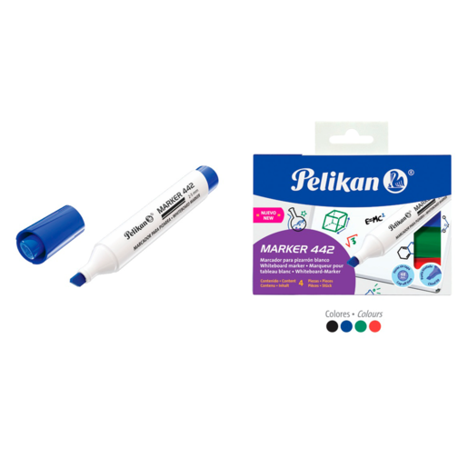 Marcador para pizarra marca Pelikan de tinta borrable en seco. Trazo nítido y colores vibrantes para presentaciones, aulas y oficinas. Se borra fácilmente sin dejar residuos.
