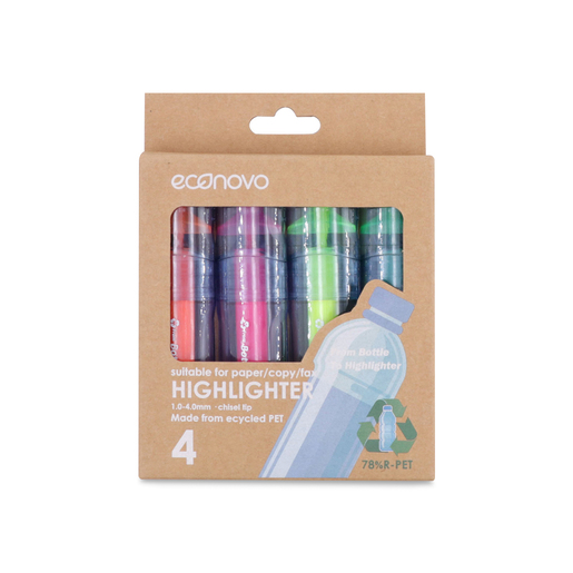 Marcatextos marca Econovo con tinta fluorescente para resaltar información clave en libros, apuntes y documentos. Trazo uniforme que no traspasa el papel.