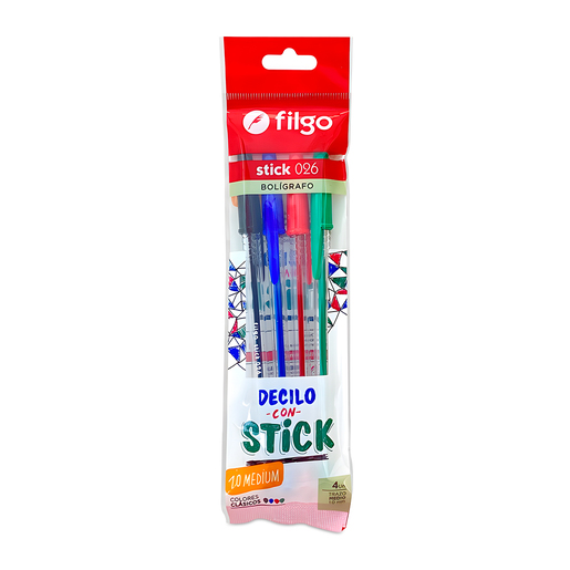 BOLIGRAFO FILGO STICK 1.0MM SURTIDO 4U (NEGRO, AZUL, ROJO, VERDE)