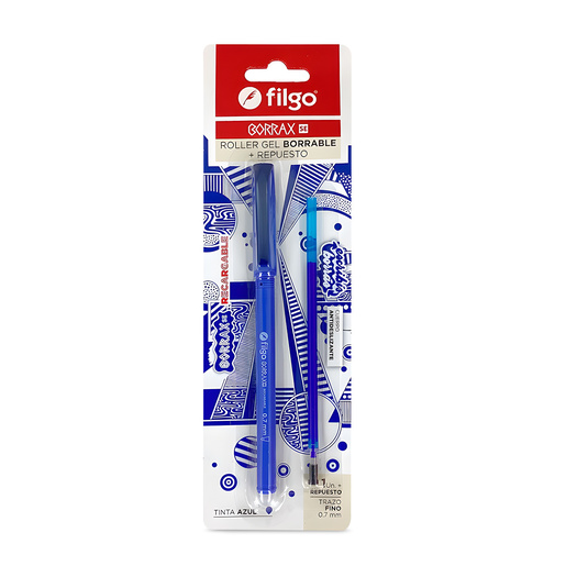 BOLIGRAFO ROLLER FILGO GEL BORRABLE BORRAX SE AZUL + REPUESTO 1U