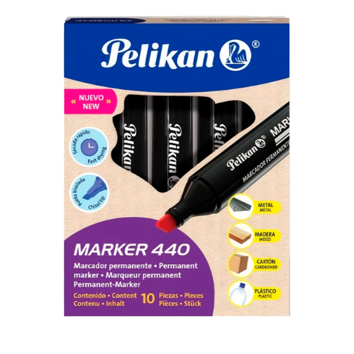 Marcador permanente marca Pelikan de tinta resistente al agua y al desvanecimiento. Escribe sobre papel, carton, plastico, metal, vidrio y madera. Ideal para etiquetar y marcar en oficina, taller y bo