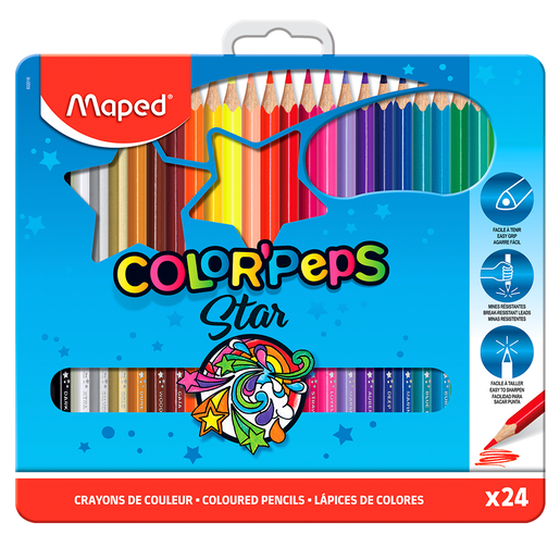 Lápices de colores marca Maped con mina pigmentada y resistente. Trazos suaves, intensos y mezclables, ideales para dibujo, coloreado y proyectos escolares.