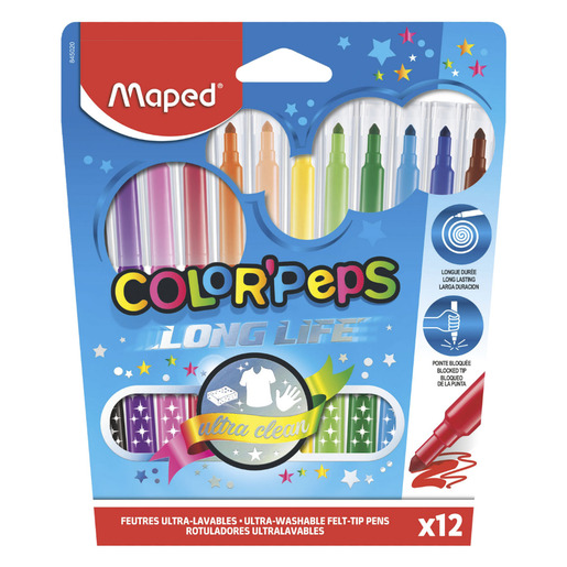 Marcadores marca Maped con tinta de alta cobertura y colores vibrantes. Versatiles para escuela, oficina, arte y manualidades.