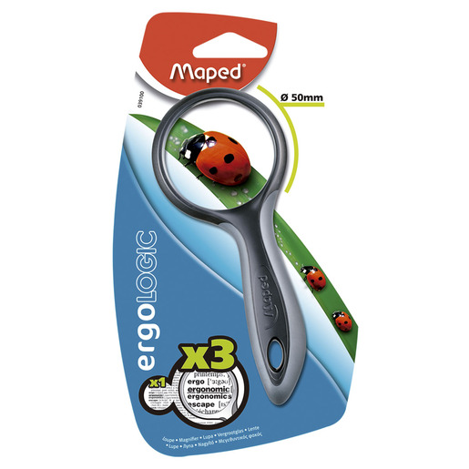 Lupa marca Maped con aumento claro para lectura, exploracion y detalles finos. Material resistente con mango ergonomico.