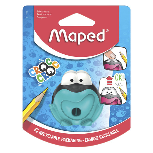 Sacapuntas marca Maped con cuchilla afilada que da punta uniforme a lapices y lapices de colores. Diseno practico con deposito de viruta.