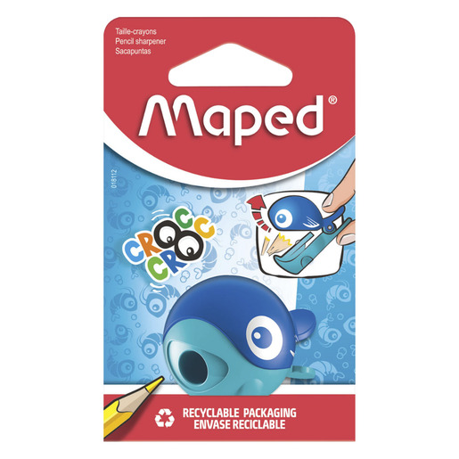 Sacapuntas marca Maped con cuchilla afilada que da punta uniforme a lapices y lapices de colores. Diseno practico con deposito de viruta.