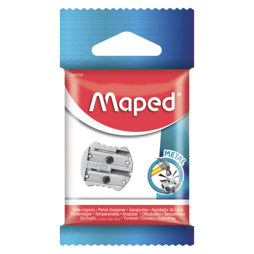 Sacapuntas marca Maped con cuchilla afilada que da punta uniforme a lapices y lapices de colores. Diseno practico con deposito de viruta.