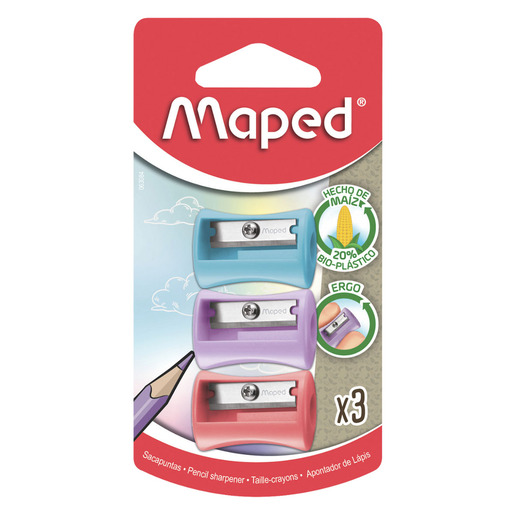 Sacapuntas marca Maped con cuchilla afilada que da punta uniforme a lápices y lápices de colores. Diseño práctico con depósito de viruta.