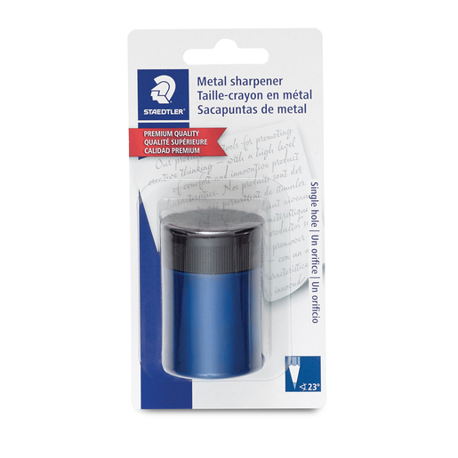 Sacapuntas marca Staedtler con cuchilla afilada que da punta uniforme a lápices y lápices de colores. Diseño práctico con depósito de viruta.