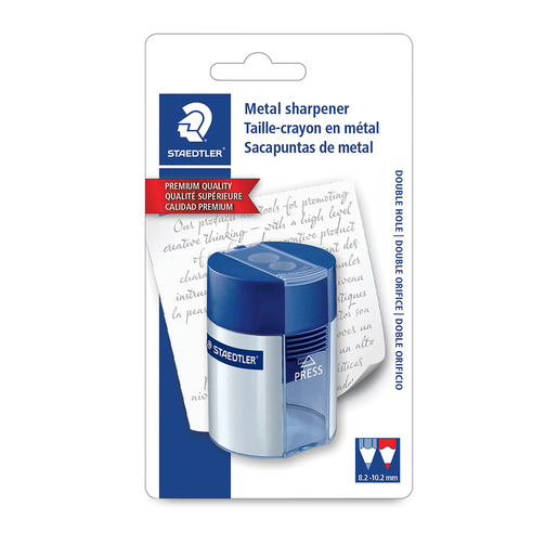Sacapuntas marca Staedtler con cuchilla afilada que da punta uniforme a lapices y lapices de colores. Diseno practico con deposito de viruta.