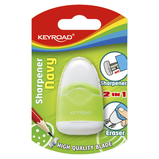 Sacapuntas marca Keyroad con cuchilla afilada que da punta uniforme a lapices y lapices de colores. Diseno practico con deposito de viruta.