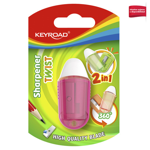 Sacapuntas marca Keyroad con cuchilla afilada que da punta uniforme a lapices y lapices de colores. Diseno practico con deposito de viruta.