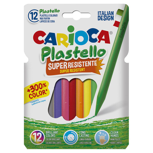 Crayones marca Carioca de cera con colores intensos y aplicación suave sobre papel y cartón. Resistentes a la ruptura, perfectos para los más pequeños.