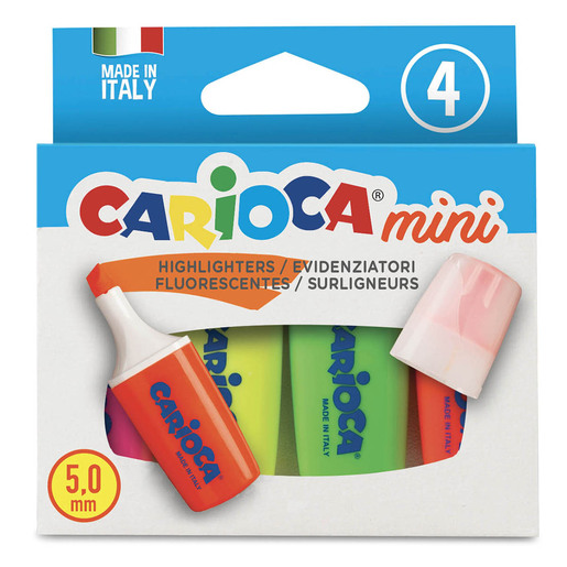 Marcatextos marca Carioca con tinta fluorescente para resaltar informacion clave en libros, apuntes y documentos. Trazo uniforme que no traspasa el papel.