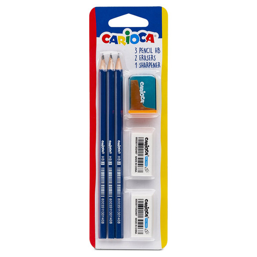 Set escolar marca Carioca con útiles complementarios listos para usar. Ahorra tiempo y dinero con productos coordinados para escuela, oficina o regalo.