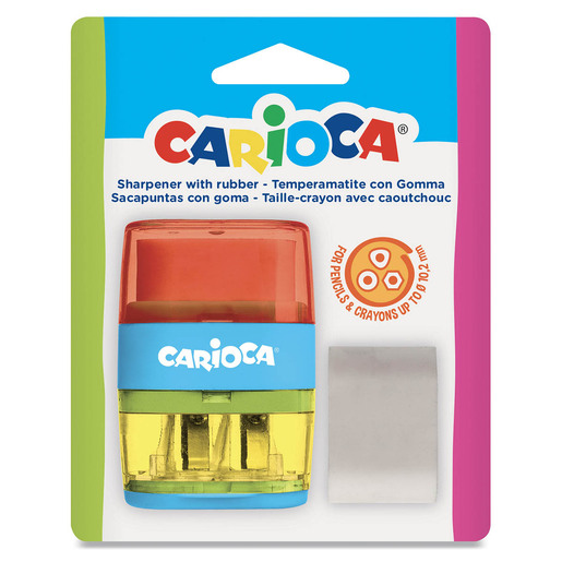 Sacapuntas marca Carioca con cuchilla afilada que da punta uniforme a lápices y lápices de colores. Diseño práctico con depósito de viruta.