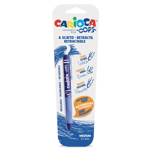 Bolígrafo retráctil marca Carioca con mecanismo de clic para uso rápido. Escritura suave y duradera, perfecto para escuela, oficina y uso diario.