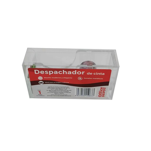 Dispensador de cinta marca Office Depot con base estable y corte limpio. Permite usar la cinta con una sola mano, perfecto para escritorio, oficina y zona de empaque.