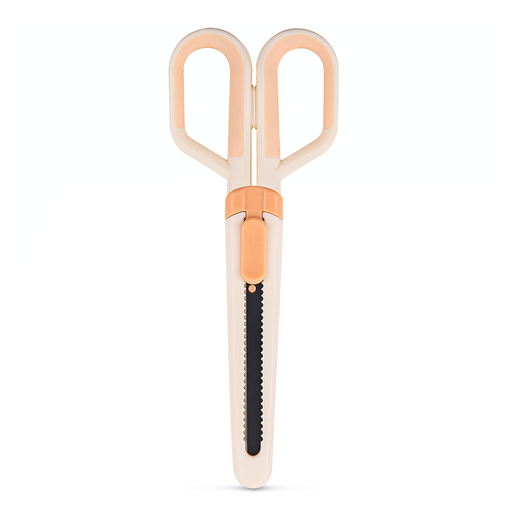Tijera Fizz 2 en 1 con tijera y cutter integrados, color blanco. Diseño compacto que combina dos herramientas en una sola. Práctica para oficina, escuela y hogar. Hojas de acero inoxidable.