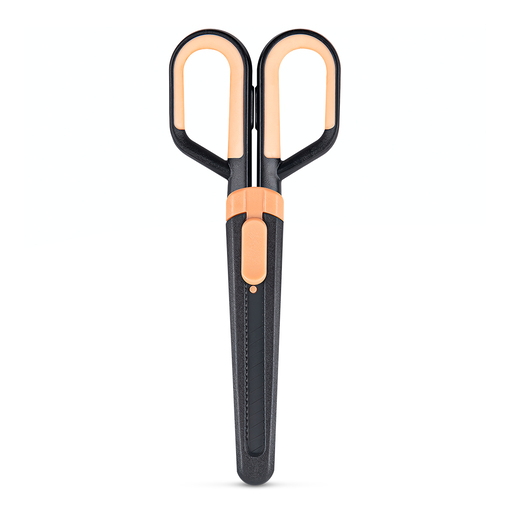 Tijera Fizz 2 en 1 con tijera y cutter integrados, color negro. Diseño elegante en negro que combina dos herramientas en una sola. Práctica para oficina, escuela y hogar. Hojas de acero inoxidable.
