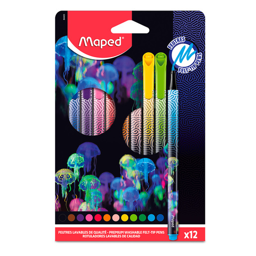 Marcadores marca Maped con tinta de alta cobertura y colores vibrantes. Versatiles para escuela, oficina, arte y manualidades.