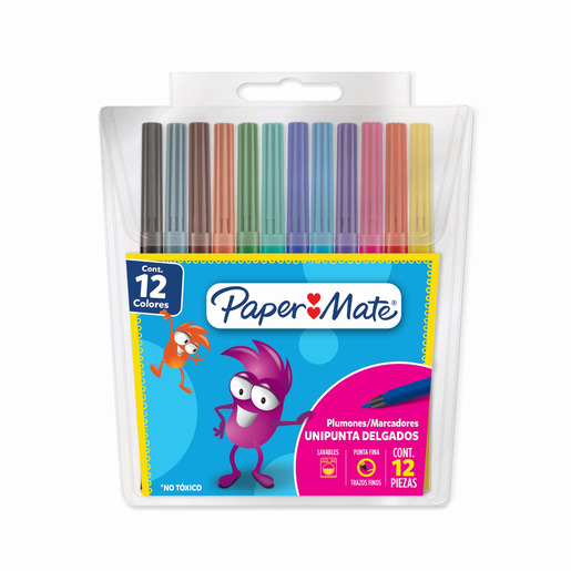 Marcadores marca Paper Mate con tinta de alta cobertura y colores vibrantes. Versatiles para escuela, oficina, arte y manualidades.