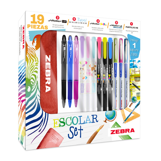 Set escolar marca Zebra con utiles complementarios listos para usar. Ahorra tiempo y dinero con productos coordinados para escuela, oficina o regalo.