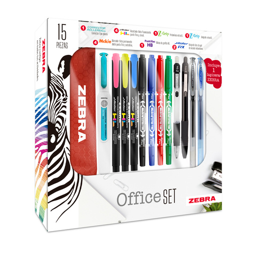 Set Oficina Incluye: 1 Corrector Cinta / 4 Mckies / 2 J-Roller Hl / 2 2ink / 1 Portamina Z-Grip / 1 Minas Hb / 2 J-Roller Rx / 1 Estuche marca Zebra. Producto de calidad para uso escolar, de oficina y