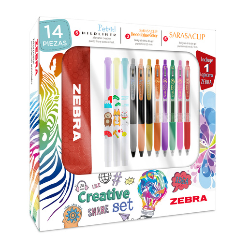 Set Creativo Incluye: 5 Mildliner Pet It / 3 Sarasa Clip Decoshine / 5 Sarasa Clip Spring / 1 Estuche marca Zebra. Producto de calidad para uso escolar, de oficina y manualidades.