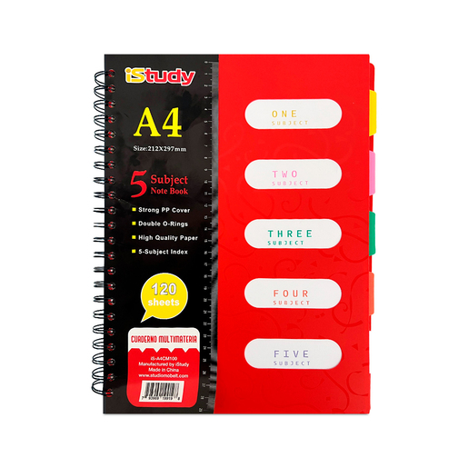 Cuaderno con espiral marca iStudy de hojas de calidad para apuntes, tareas y notas. Espiral metalica resistente que permite girar las paginas 360 . Tipo de rayado: Rayado con divisiones.