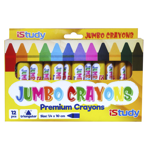 Crayones marca iStudy de cera con colores intensos y aplicacion suave sobre papel y carton. Resistentes a la ruptura, perfectos para los mas pequenos.