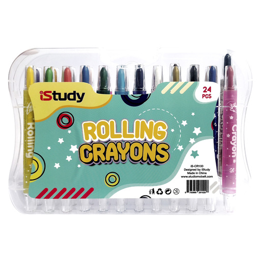 Crayones marca iStudy de cera con colores intensos y aplicacion suave sobre papel y carton. Resistentes a la ruptura, perfectos para los mas pequenos.