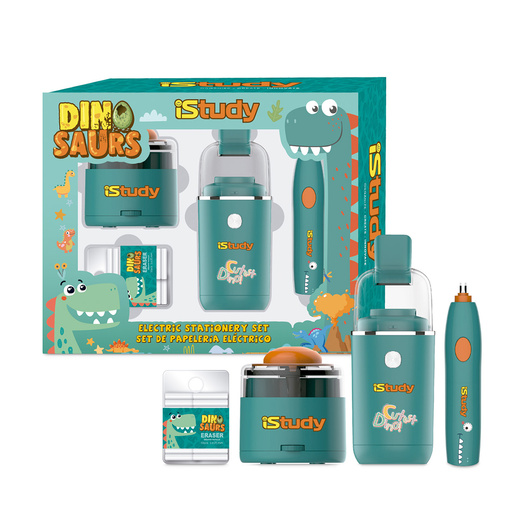 Set para Escritorio Istudy 4u (Contiene: Borrador Electrico, Aspiradora Electrica para Escritorio, Sacapuntas Electrico, Respuestos de Borrador 50u) marca iStudy. Producto de calidad para uso escolar,