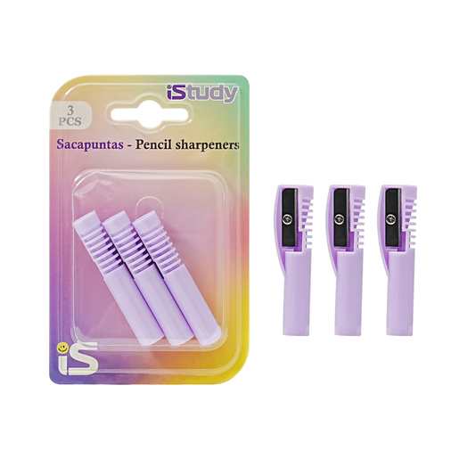 Sacapuntas marca iStudy con cuchilla afilada que da punta uniforme a lapices y lapices de colores. Diseno practico con deposito de viruta.