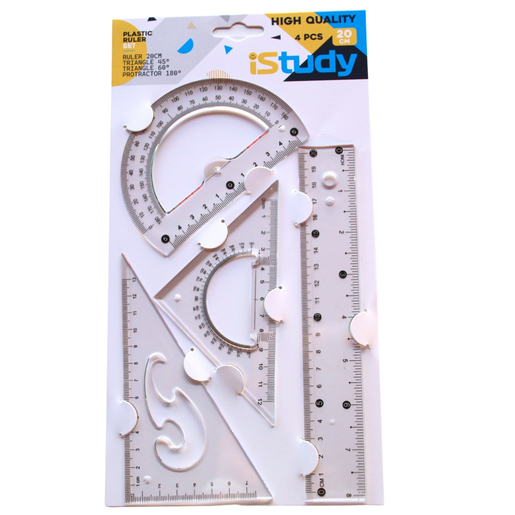 Set Regla Transparente Istudy 4u (Incluye: 1 Regla 20cm + 1 Regla Triangular de 45° + 1 Regla Triangular de 60° + 1 Transportador 180°) marca iStudy. Producto de calidad para uso escolar, de oficina y manualidades.