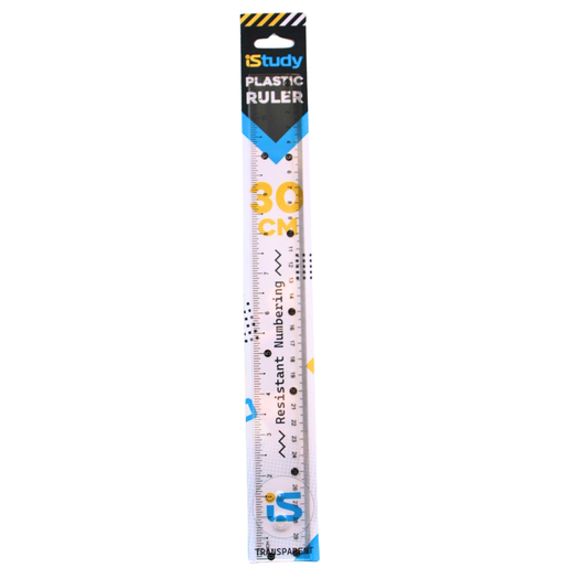 Regla marca iStudy de medición precisa con escala clara y resistente. Indispensable para tareas escolares, dibujo técnico y oficina.