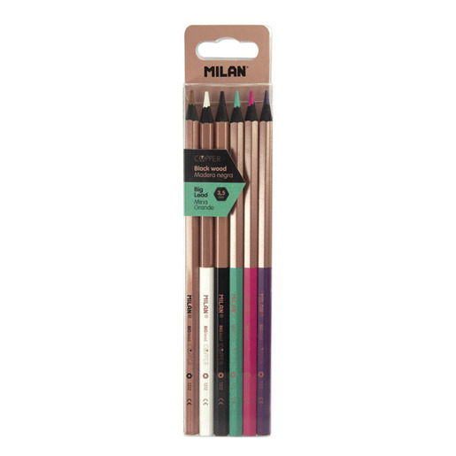 Lapices de colores marca Milan con mina pigmentada y resistente. Trazos suaves, intensos y mezclables, ideales para dibujo, coloreado y proyectos escolares.