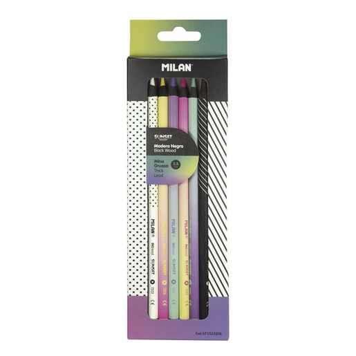Lapices de colores marca Milan con mina pigmentada y resistente. Trazos suaves, intensos y mezclables, ideales para dibujo, coloreado y proyectos escolares.