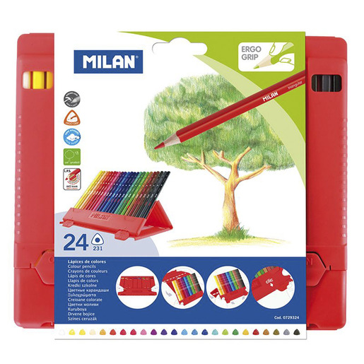 Lapices de colores marca Milan con mina pigmentada y resistente. Trazos suaves, intensos y mezclables, ideales para dibujo, coloreado y proyectos escolares.