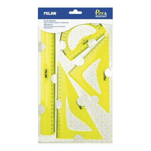 Regla marca Milan de medición precisa con escala clara y resistente. Indispensable para tareas escolares, dibujo técnico y oficina.