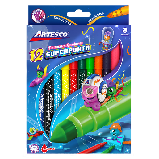 Marcadores marca Artesco con tinta de alta cobertura y colores vibrantes. Versatiles para escuela, oficina, arte y manualidades.