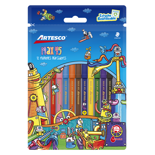 Marcadores marca Artesco con tinta de alta cobertura y colores vibrantes. Versatiles para escuela, oficina, arte y manualidades.