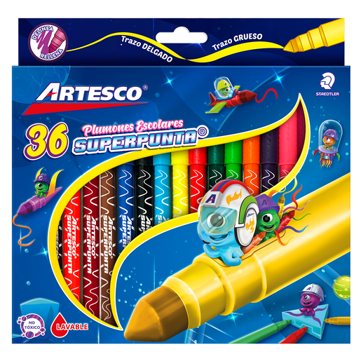 Marcadores marca Artesco con tinta de alta cobertura y colores vibrantes. Versatiles para escuela, oficina, arte y manualidades.