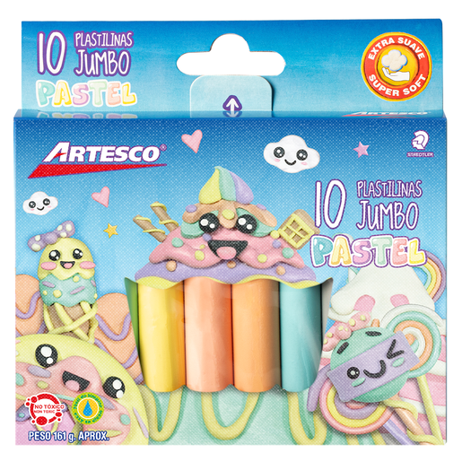 Plastilina marca Artesco suave y maleable, facil de moldear. Colores vivos que se mezclan entre si, no se seca con el uso. Estimula la creatividad y motricidad fina.